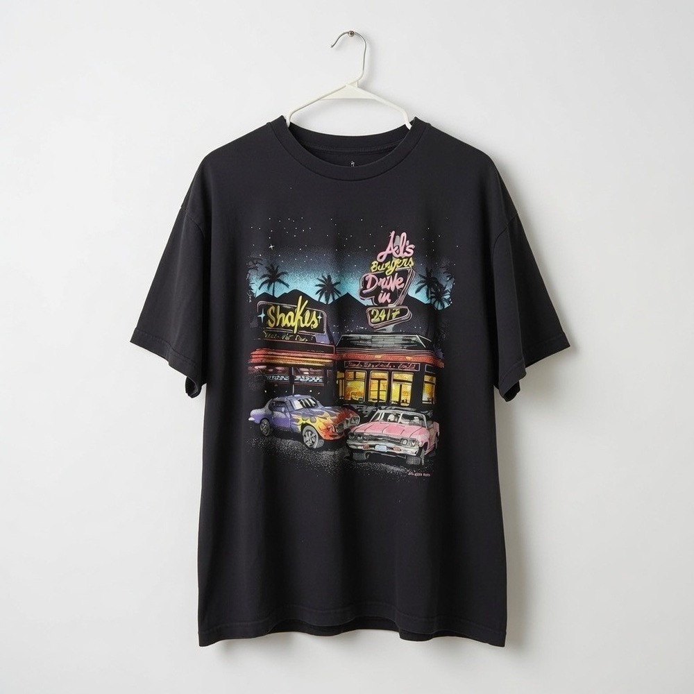 J. Galt Als Burgers Drive In Black Graphic Tee Neon 1984 One Size